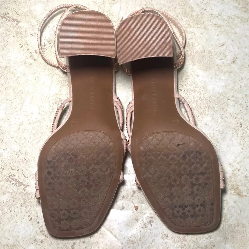 Strappy‎ Nude Rhinestone Sandals With Block Heels Prom Wedding Party - Picture 7 of 9